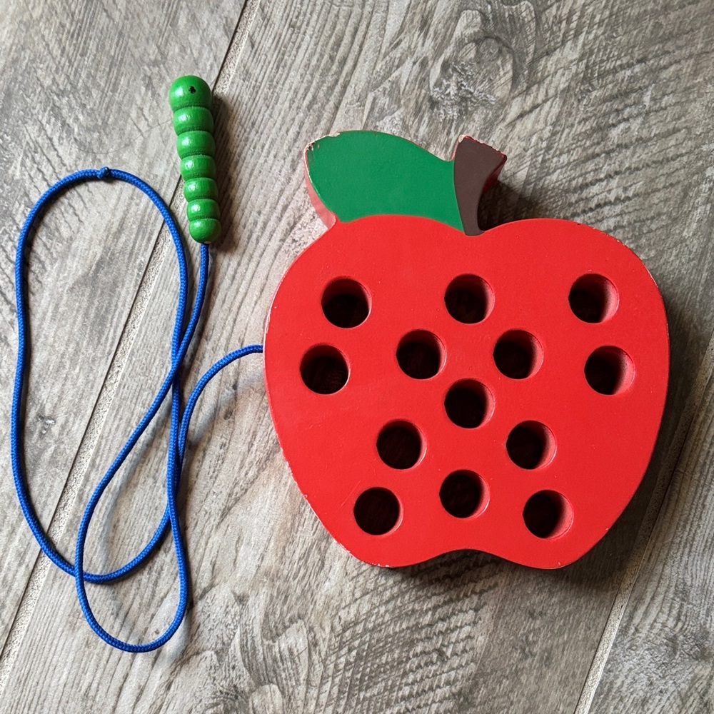 Wooden Apple Lacing Toy with Green Worm